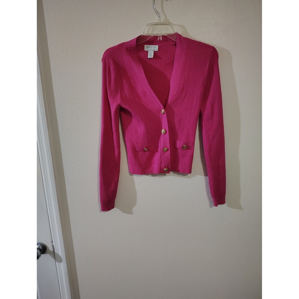 Sofia Jeans Sofia Vergara Hot Pink Ribbed Cardigan Gold Button Crop Sweater XS